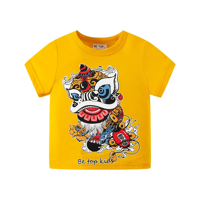 Chineses style baby girls boy tshirt cute cartoon lion dance cotton short sleeve summer vintage toddler kids clothes 2 to 10 yrs