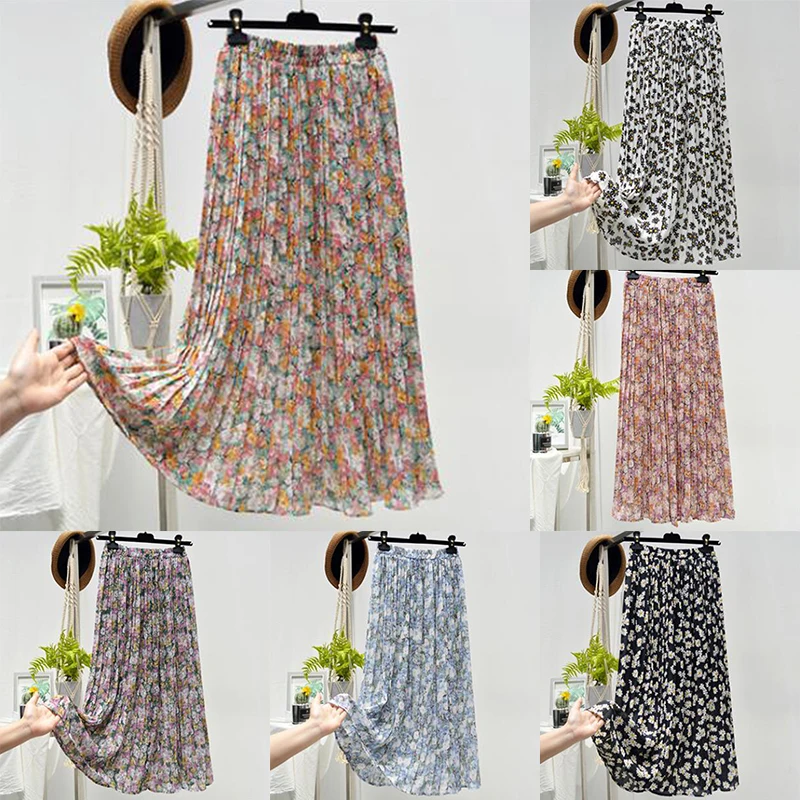 

Vintage Pleated Skirt For Women Summer 2021 New Floral Print Skirts Bottoms Elastic High Waist Office Wear Summer Short Skirt