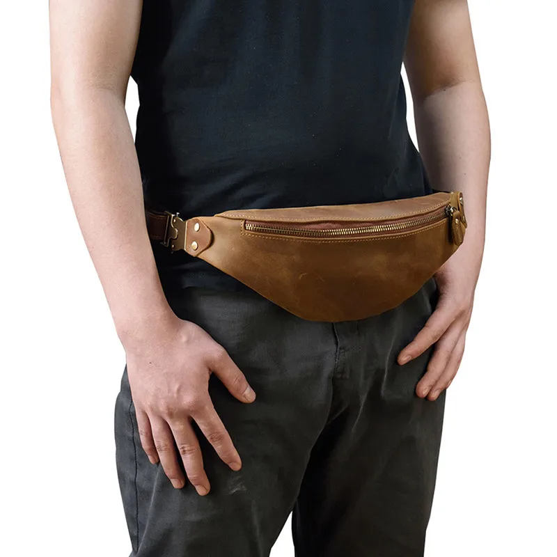 Vintage Genuine Crazy Horse Leather Men Waist Packs Travel Fanny Pack Belt Length Male Small Chest Bag For Phone Pouch |