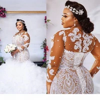 plus size illusion long sleeve wedding dresses 2021 sexy african nigerian jewel neck lace up back mermaid applique bride gowns