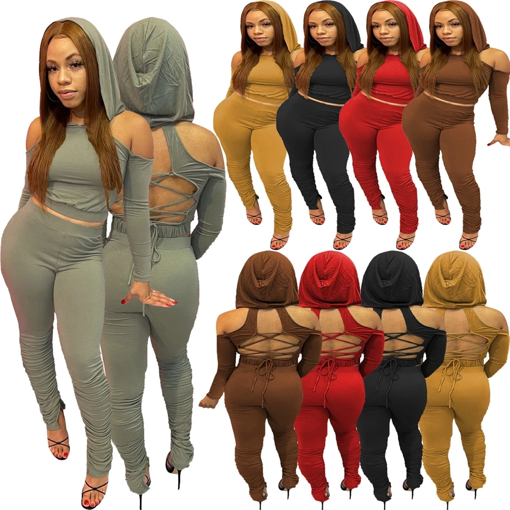 

Fast Shipping Sexy strappy split pleated stack pants 2 piece set sweater hoodies with stack pants