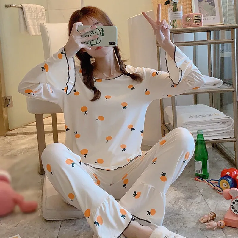 Kawaii, 2 шт., женская пижама, комплект, милый рисунок морковки, повседневные топы, штаны, домашняя одежда для сна с длинным рукавом, Pijama Mujer