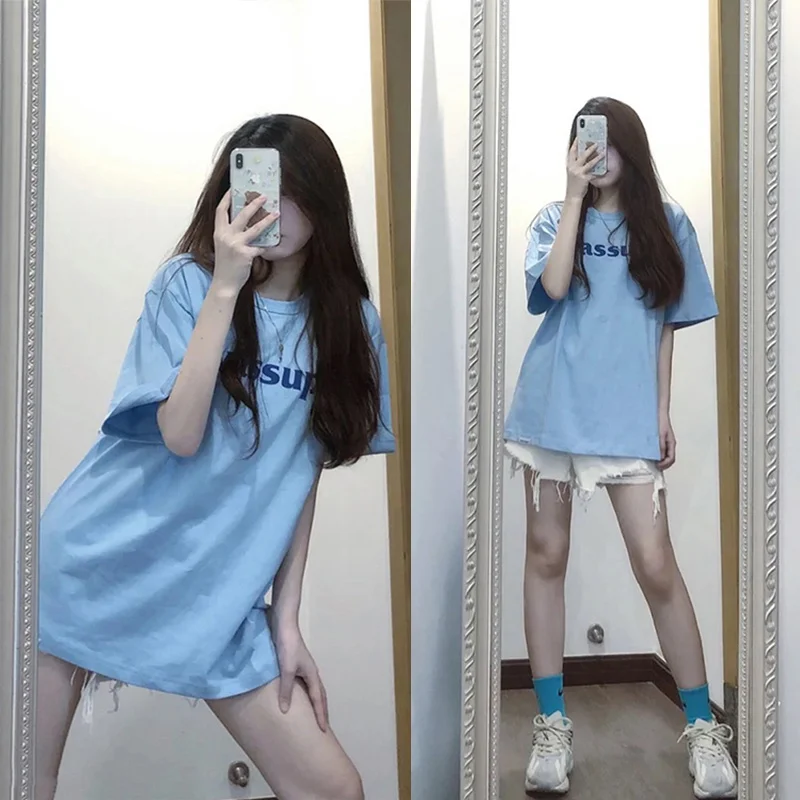 

Blue Thin Short-Sleeved T-shirt Women's 2021 New Mid-Length Design Sense Niche Loose Sweet Cool Top T-shirt Trendy