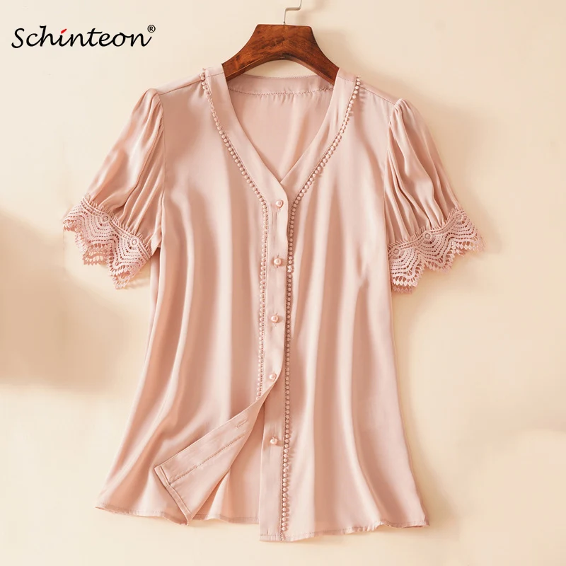 

Schinteon Women Real Silk Short Sleeves Shirt V-Neck Collar Lace Patchwork Blouse Pullover Top Elegant Silk Shirt