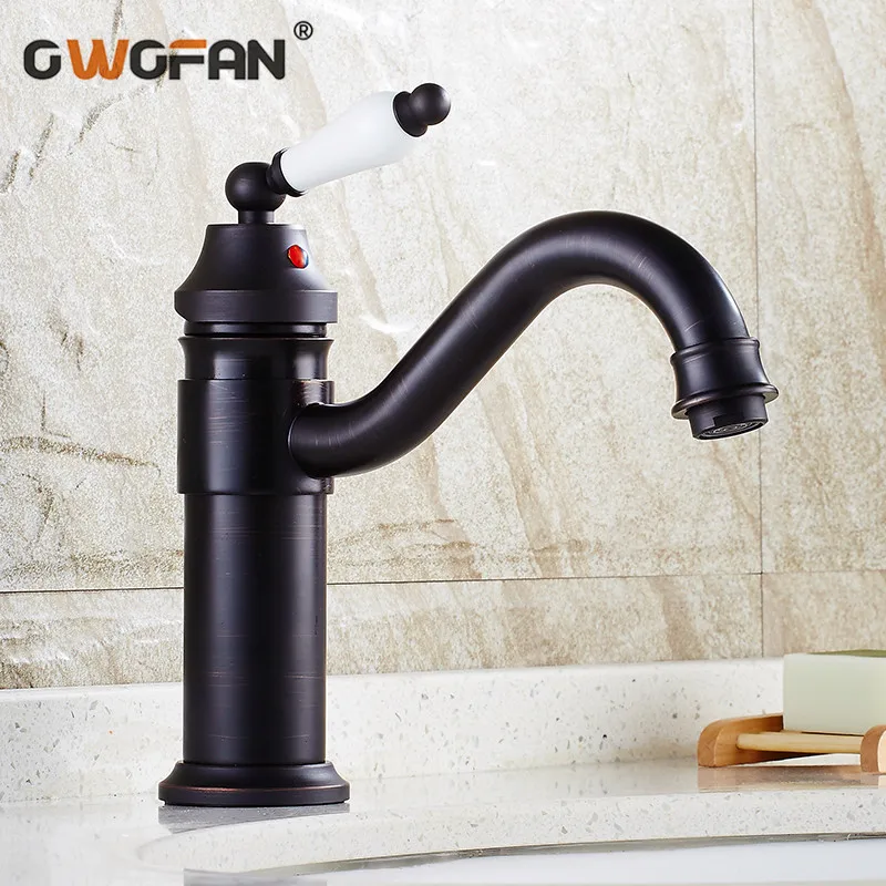 

Basin Faucets Black 360 Degree Swivel Taps White Handle Crane ORB Deck Mounted Bathroom Sink Cock Hot and Cold Mixer Tap HP-033R