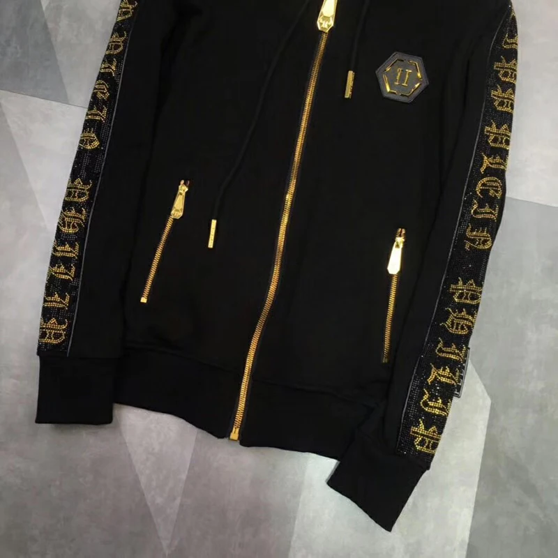 

European sweater suit men's letter hot diamond heavy gold plein hooded cardigan pants PP German fashion brand hot