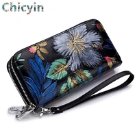 new flower women clutch wallet genuine leather wallet female long wallet women zipper purse strap coin purse cell phone pocket