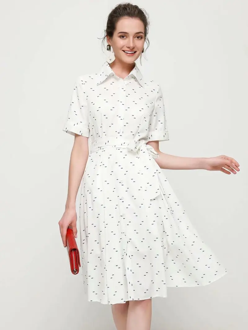 

Summer dress 2021 ladies belted white print elegant short-sleeved lapel floral mid-length dress casual dress