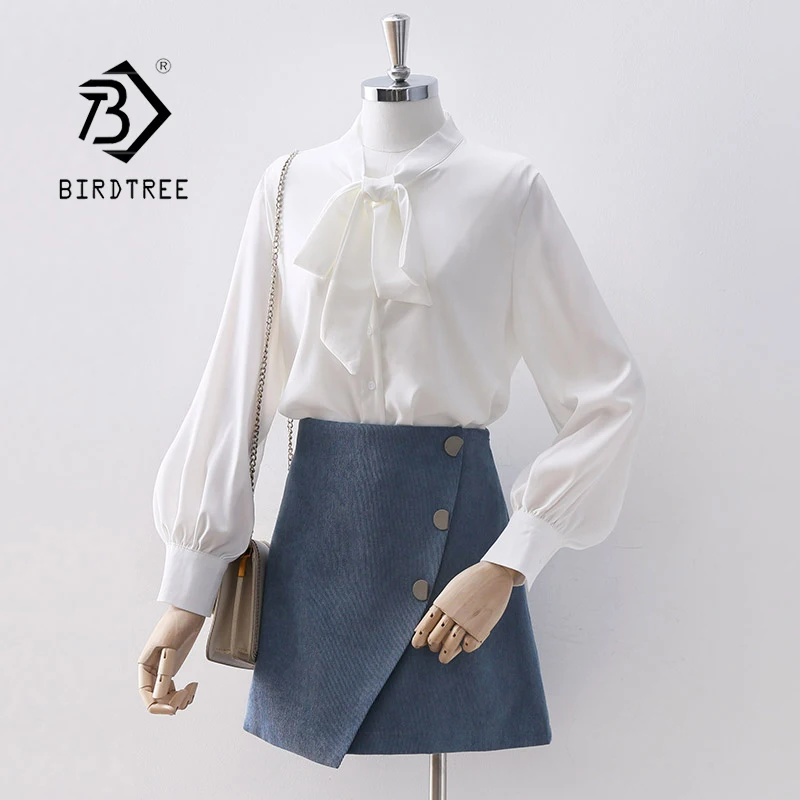 

Autumn New Women Vintage Lantern Sleeve White Satin Blouse Bow Lace Up V-Neck Button Up Elegant Shirts Fall Spring Tops T17201F