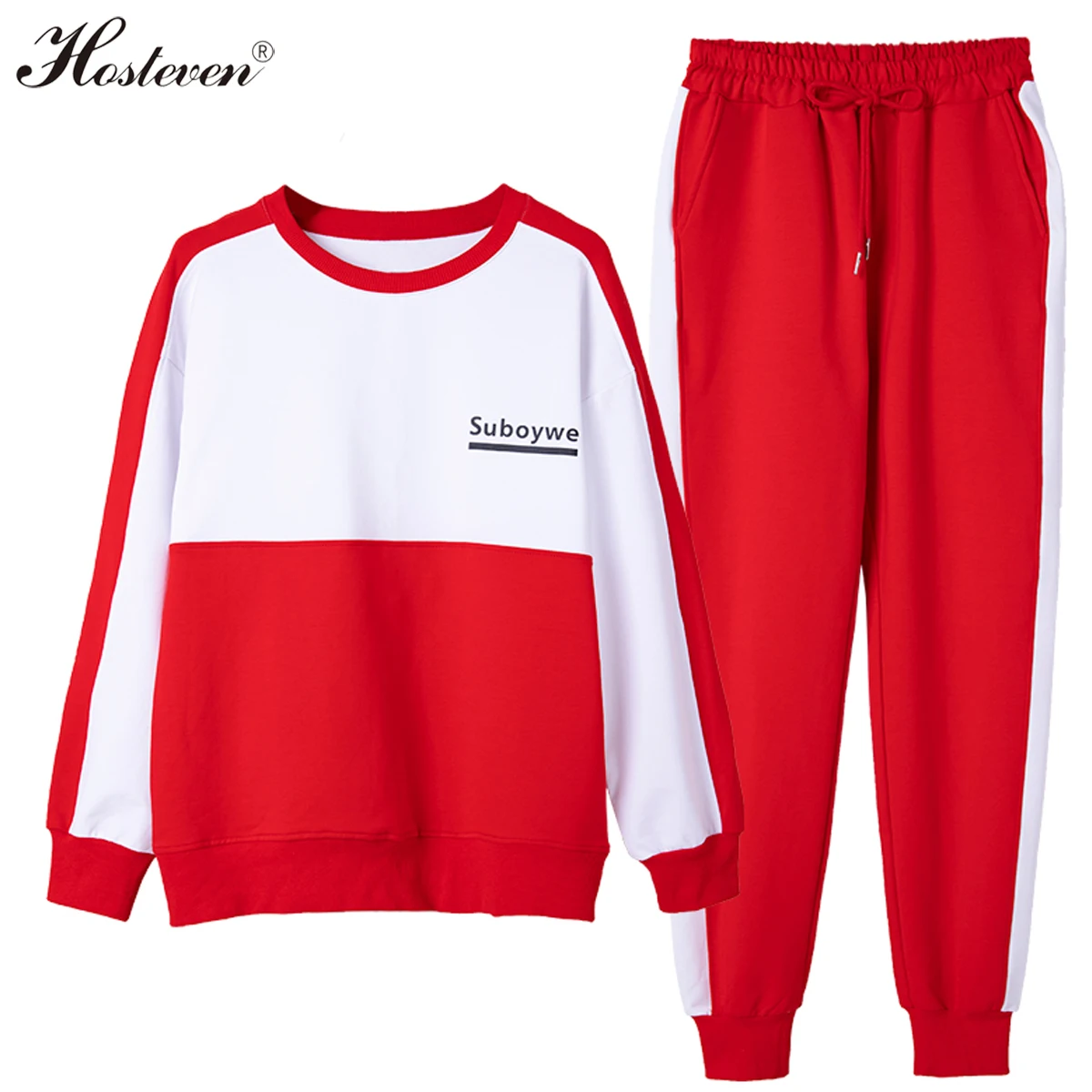 

Осенний женский спортивный костюм с длинными брюками, комплект из 2 предметов, повседневный свитшот, красные хлопковые пуловеры размера плю...