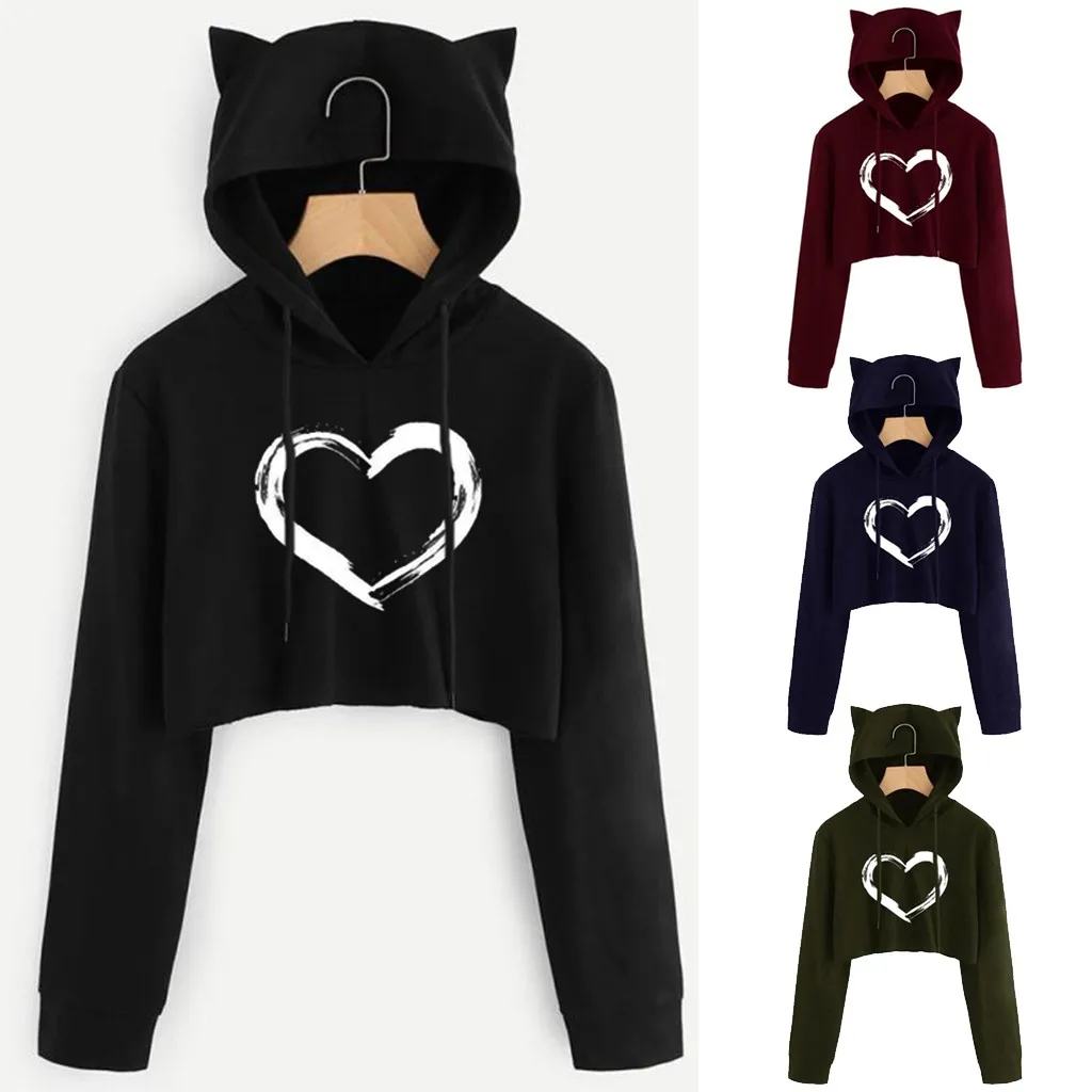

Women's Cat-Ears Long Sleeve Hoodie Sweatshirt Heart Shape Print Hooded Pullover Top Solid Color Short Hoodie Sudaderas#Q