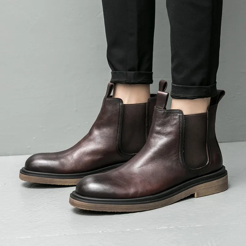 

Vintage Mens Cowhide Genuine Leather Chelsea Boots Slip On Riding Ankle Boots Office Work Winter Fleece Lining Work Safety Shoes