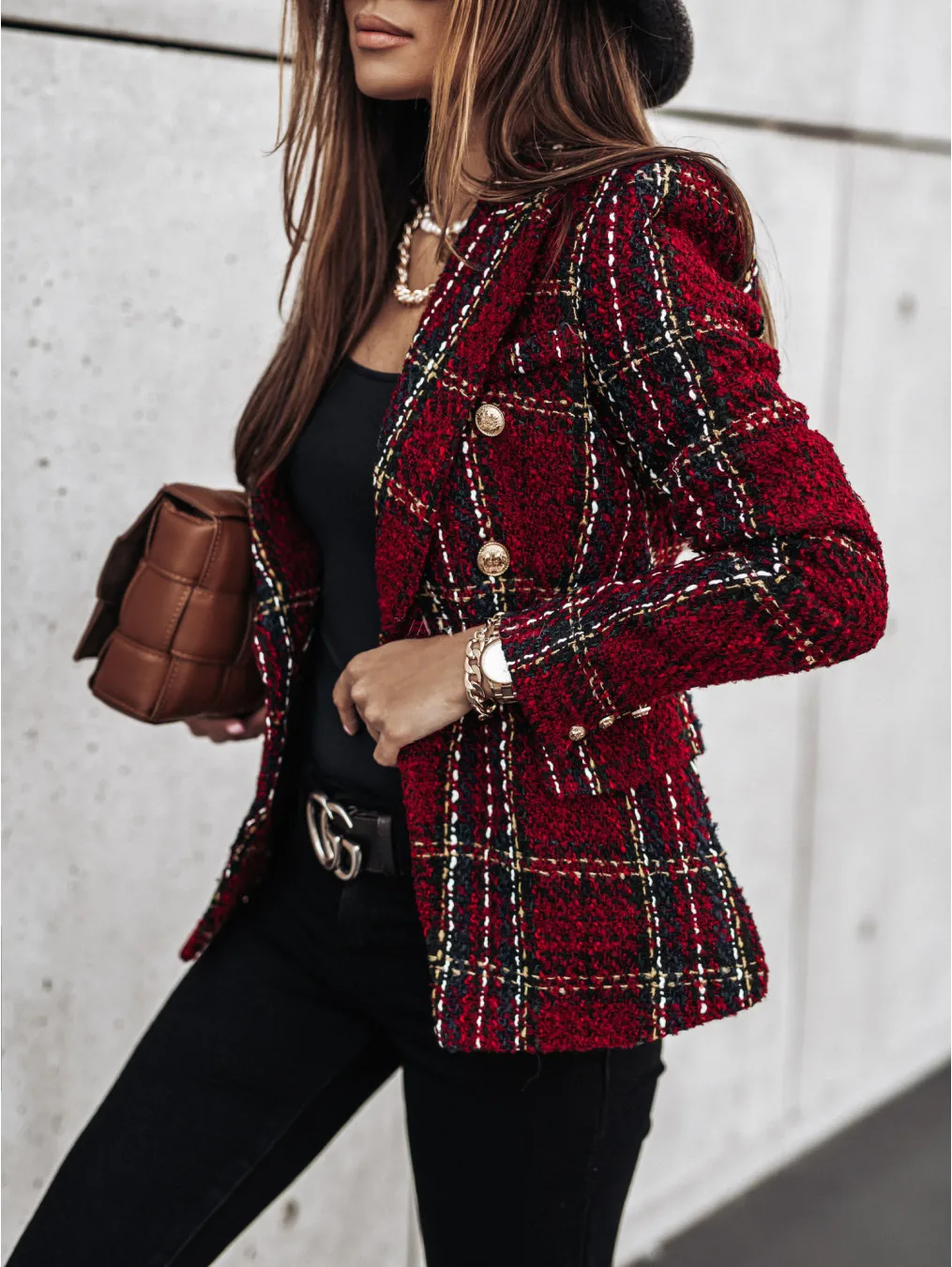 

Autumn and winter long-sleeved double-breasted slim small suit printed small jacket women