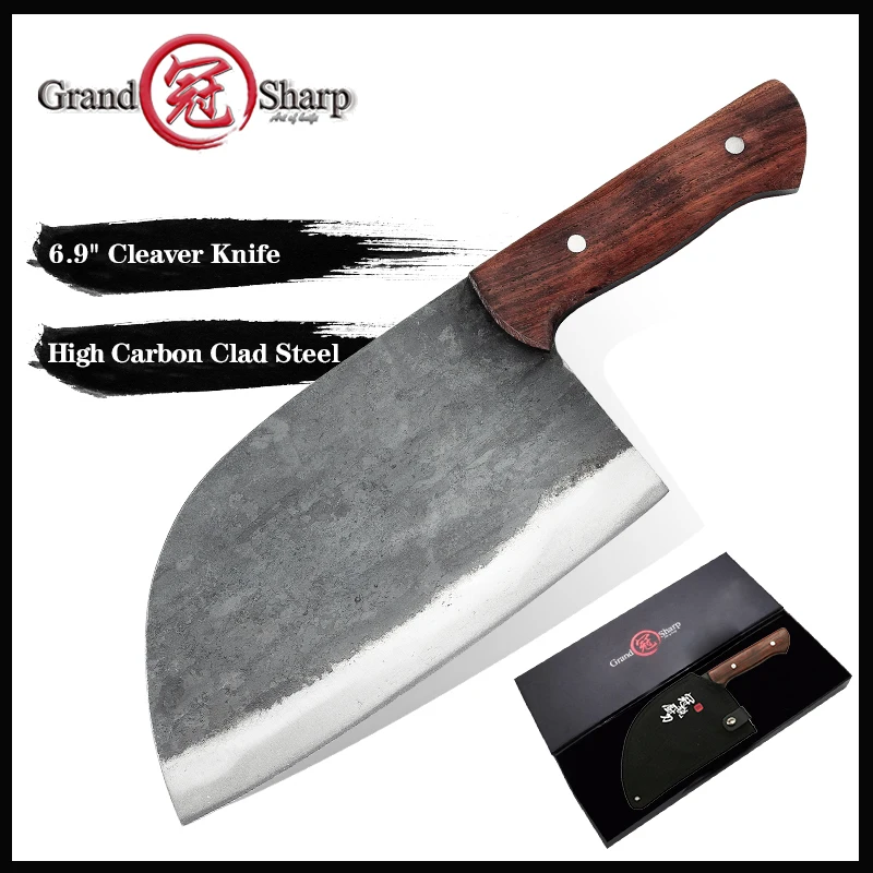 

Grandsharp Handmade Chinese Cleaver Butcher Kitchen Knife Full Tang Chef Cooking Tool Vegetable Meat Canvas Scabbard Gift Box