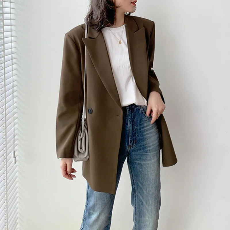 

2021 Women Double Breasted Coffee Blazer New Notched Collar Long Sleeve Loose Jacket Fashion Tide Spring Autumn