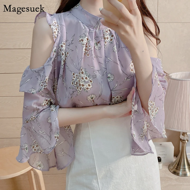 

Blusas Women Tops and Blouses Off Shoulder Print Chiffon Blouse Women Butterfly Sleeve Blouse 2021 Elegant Floral Shirts 9929