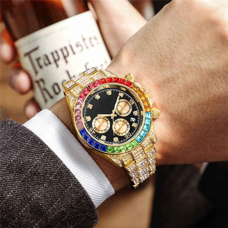 

Large Dial MenS Watch Gold Three-Eye Six-Hand Calendar Watch Steel Belt Multi-Function Watches Luxury Men Relogio Masculino