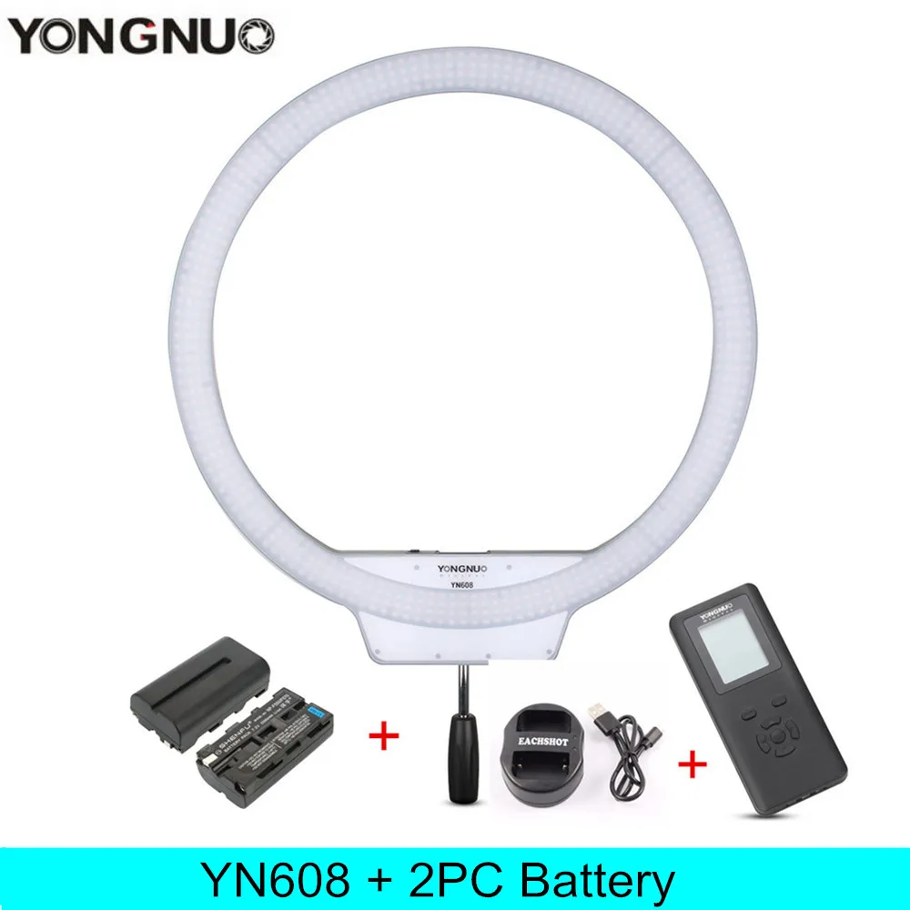 YONGNUO YN608 5500K светодиодный студийный кольцевой светильник для селфи-фотосъемки с пультом дистанционного управления и CRI 95+ 608 шт. светодиодный годовой светильник для Youtube - Цвет: YN608 With 2 Battery
