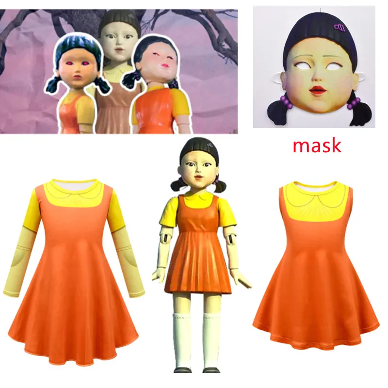 Halloween Costumes for Toddler Girls Squid Game123 Doll Cosplay Costume Child Birthday Christmas Party Gift Dress + Mask Set |