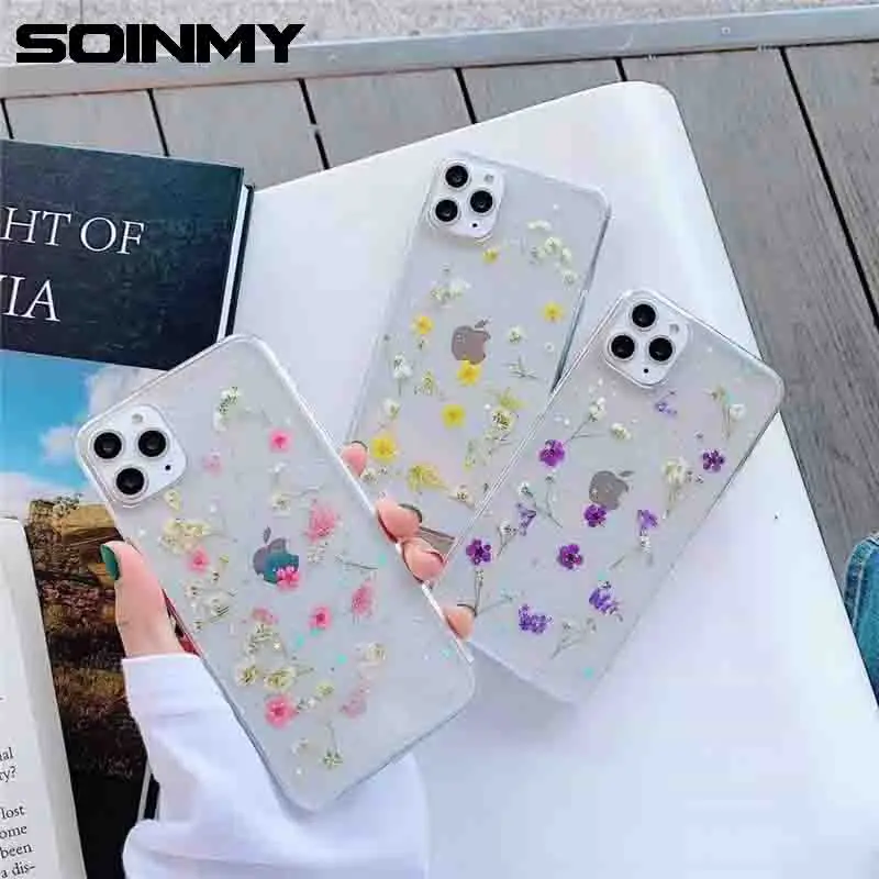 Прозрачный мягкий чехол Soinmy с настоящими высушенными цветами для iPhone 11 Pro Max X 6 6S 7 8