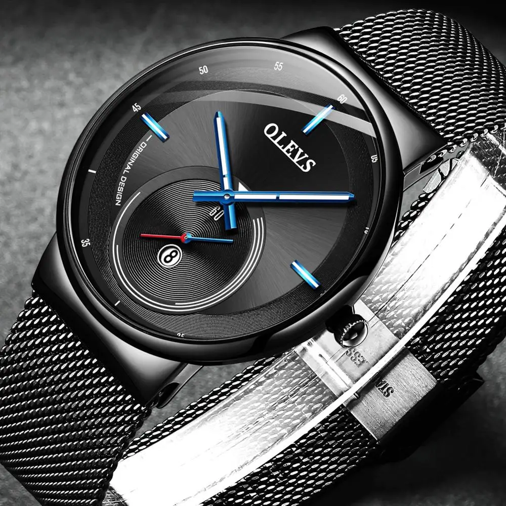 NEW OLEVS Watch Men Luxury Quartz Date Blue Dial Thin Top Brand Watches Sports Chronograph Mesh Belt Wrist Watch Man Clock
