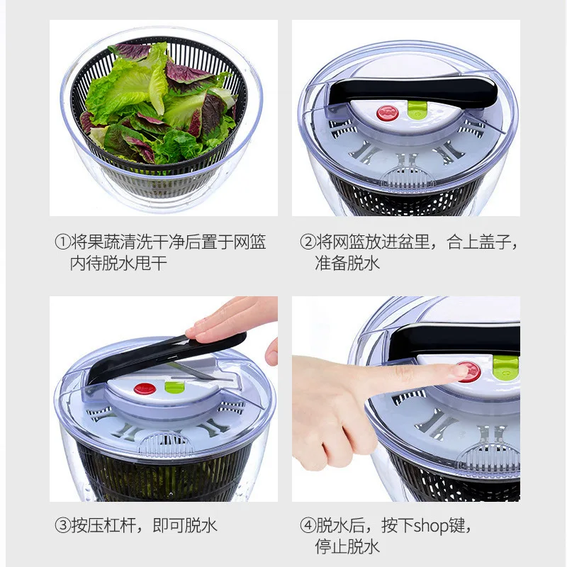 

Hand-Held Salad Bowl Spinner Vegetable Dehydrator Push-Type 5L Safe Clear Bowl Large-capacity Fruit Washing Basin Drain Basket
