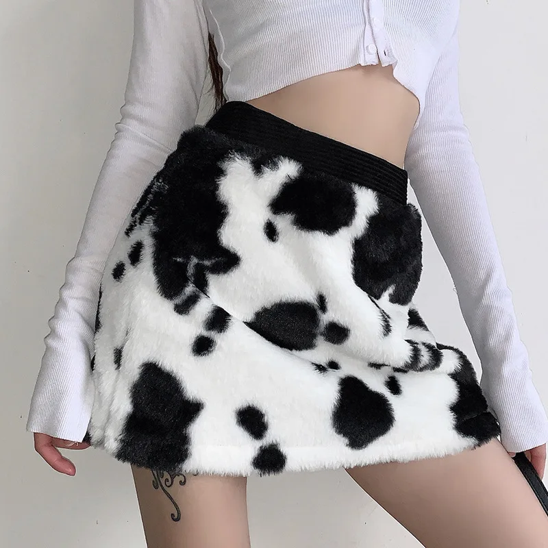 

Womens Plush Mini Short Bodycon Pencil Skirt Cow Print Mini Skirt Black Skirt
