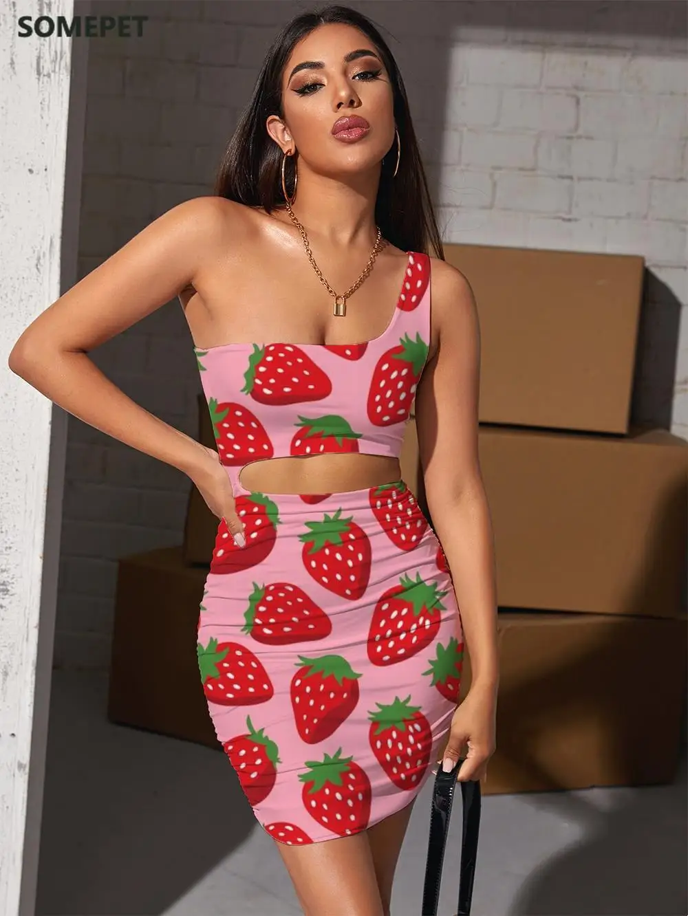 

SOMEPET Brand Strawberry Dresses Women Harajuku Bodycon Dress Red Pleating Womens Clothing Party Vintage Boho High Quality