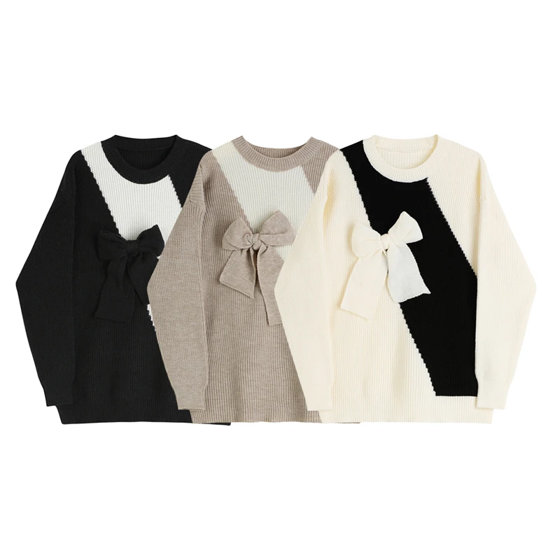 

New Autumn And Winter Retro Loose Contrast Color Stitching Bowknot Knit Sweater Women Outer Wear Knitwear Female Long Sleeve Top