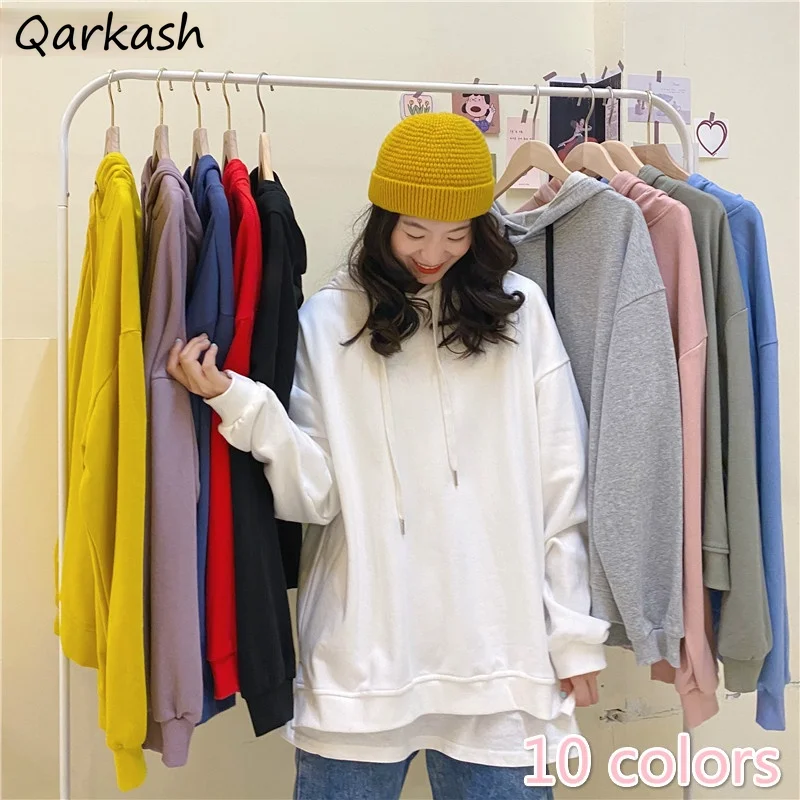 

Толстовки женские, 10 цветов, симпатичные, однотонные, простые, классические, Ulzzang, новинка для подростков на осень, толстовка с капюшоном с Бо...