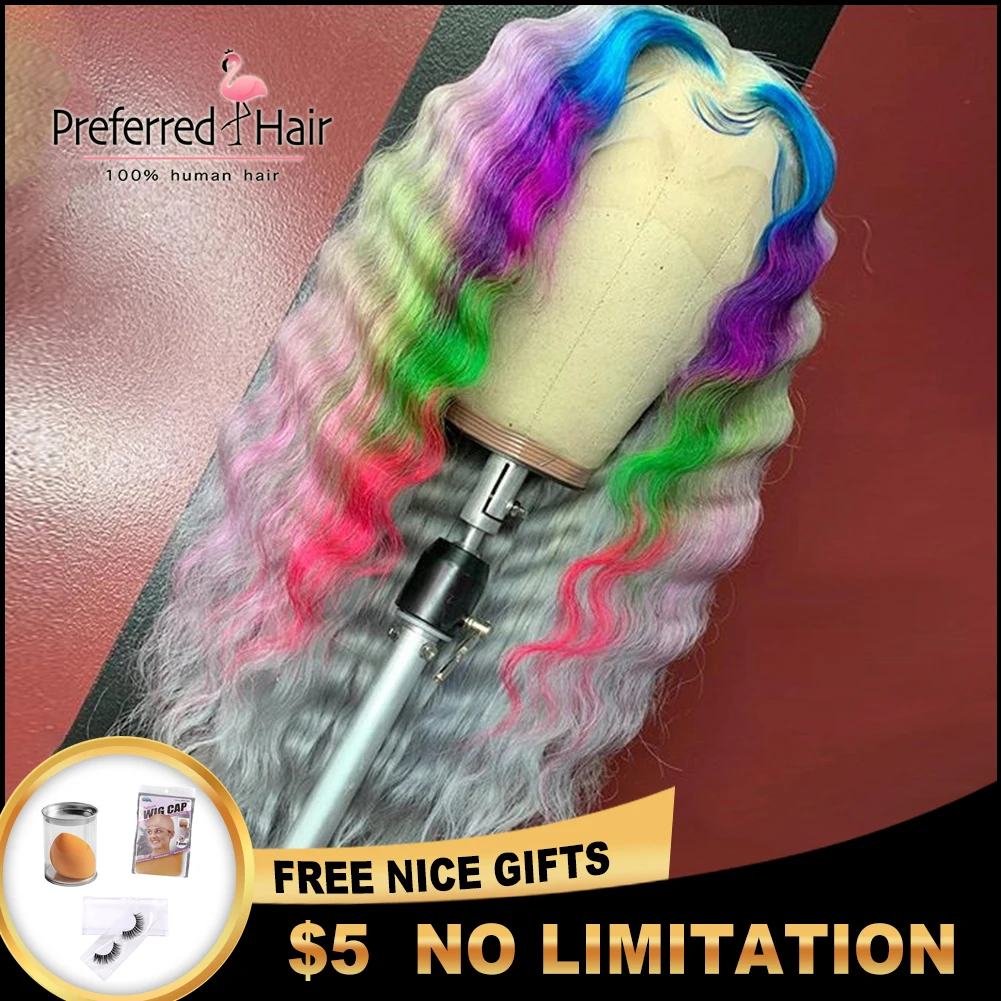 

Предпочтительный Радужный парик с глубокой волной, бразильский парик с Омбре из человеческих волос, хайлайтер, предварительно выщипанные к...