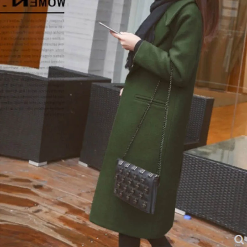 

Women Elegant Winter Wool Coat Turn-Down Collar Long Woolen Coat Cardigan Loose Jacket All-match Thick Warm Female Overcoat