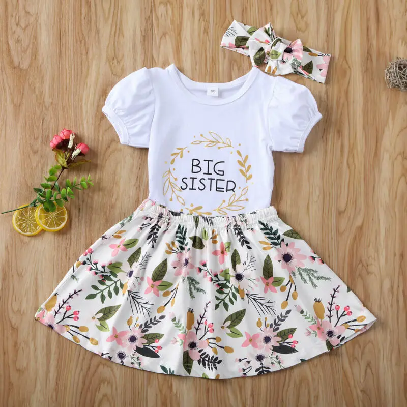 

Big Sister Outfits Toddler Girl Short Sleeve Casual T-Shirt Tops Floral Skirt Pants Outfits