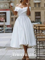 a line wedding dresses off shoulder knee length satin short sleeve vintage little white dress with 2021
