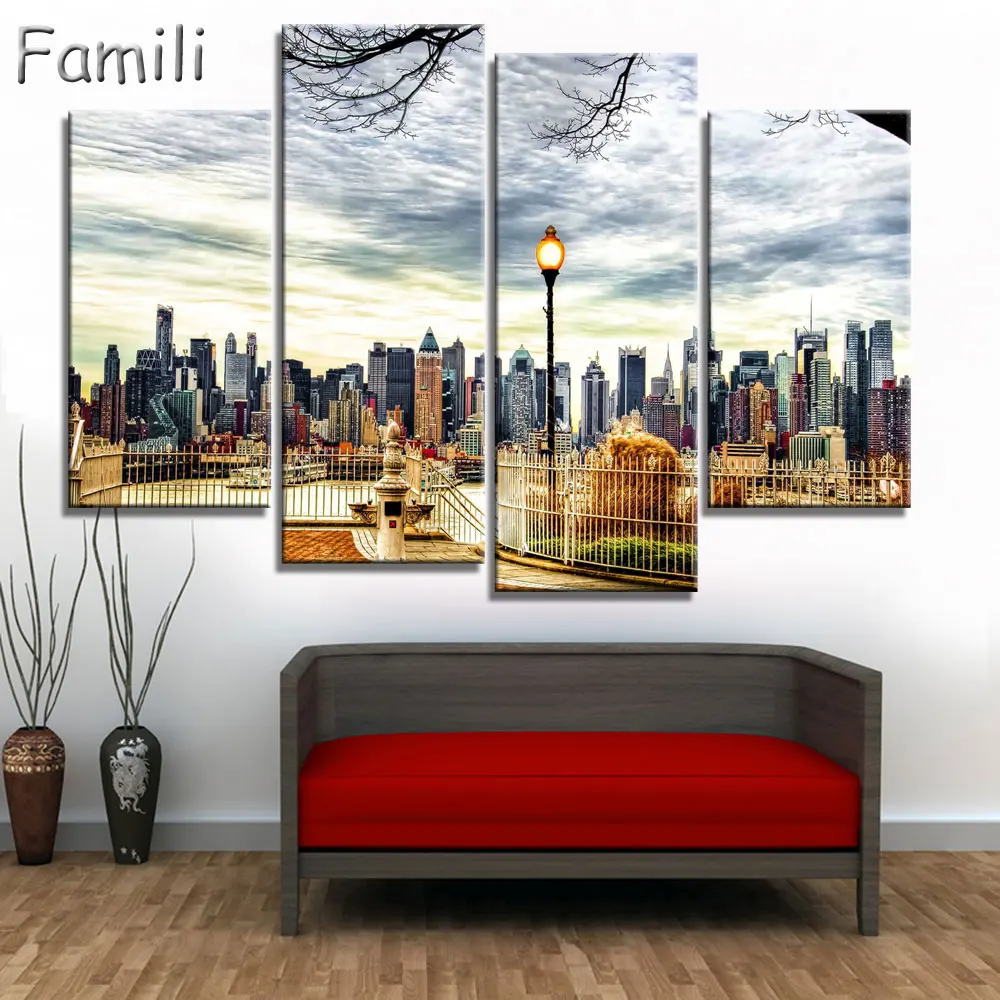 

Modern 4pcs Modular Poster Board Framed Canvas Oil Painting New York Manhattan Pictures City Landscape Wall Art For Living Room