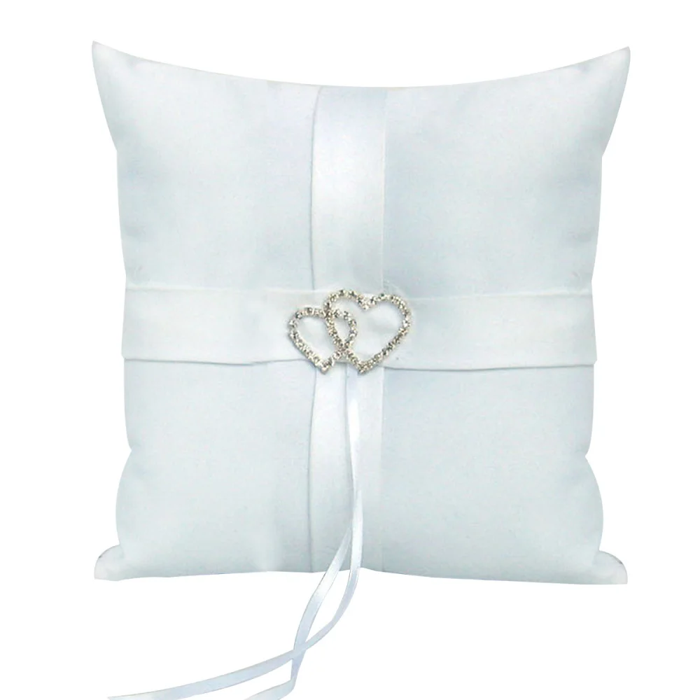 

10*10cm Sparkling Rhinestones Double Heart Bridal Wedding Ceremony Ring Bearer Pillow with Ribbons (White)