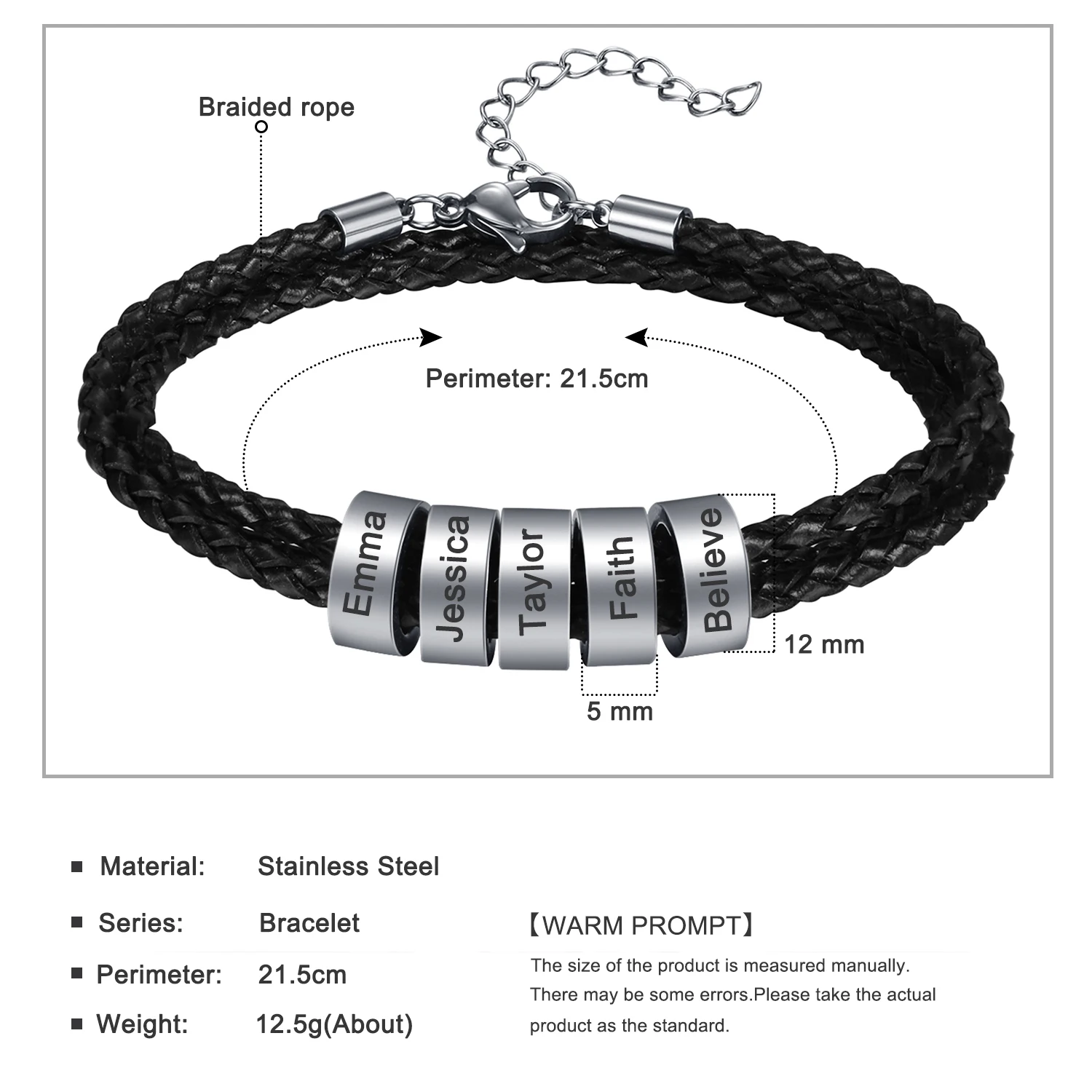 Customized Stainless Steel Charm Bracelets Genuine Leather Braided Rope Men Bracelet Personlized With 1-5 Names Beads Jewelry