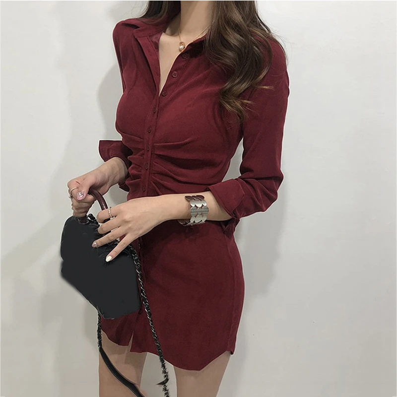 RealShe сексуальное мини-платье с отложным воротником длинным рукавом и пуговицами