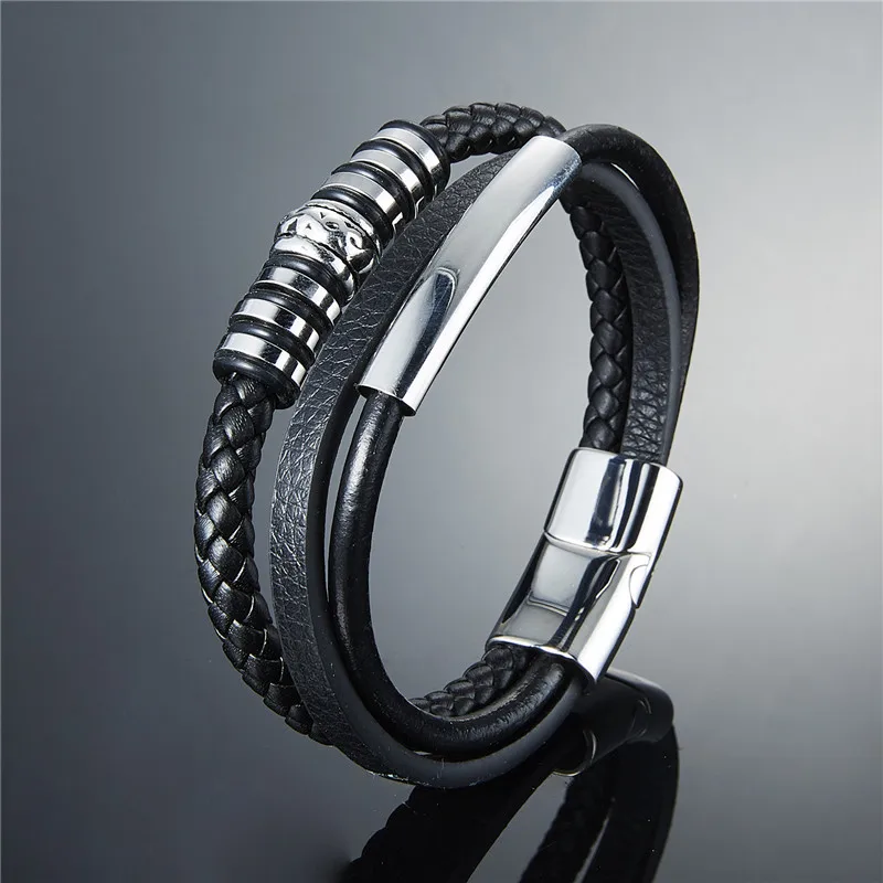 Многослойный Плетеный кожаный мужской браслет модные серебристые браслеты с
