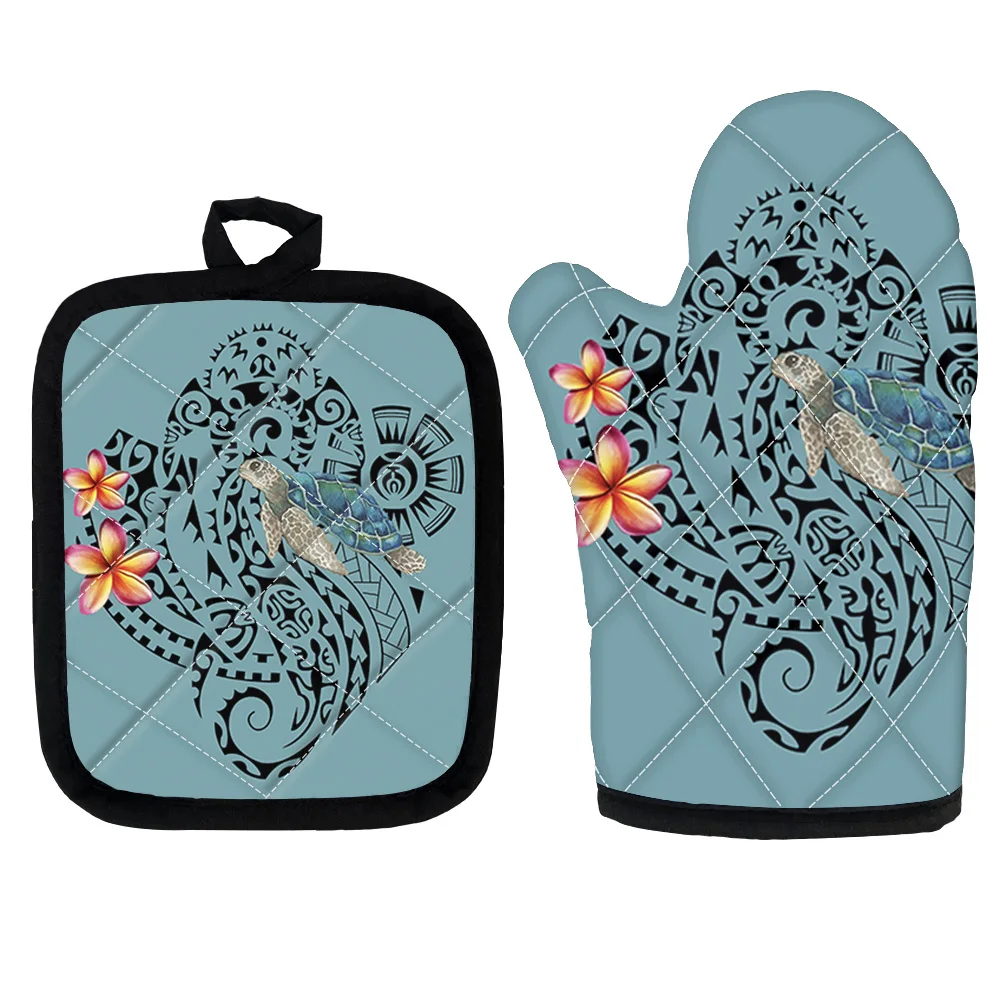 

Polynesian Sea Turtle Plumeria Turtle Design Heat Proof Oven Mitt Kitchen Non-Slip Glove Potholder 2pcs/Set Heat-insulating Pad