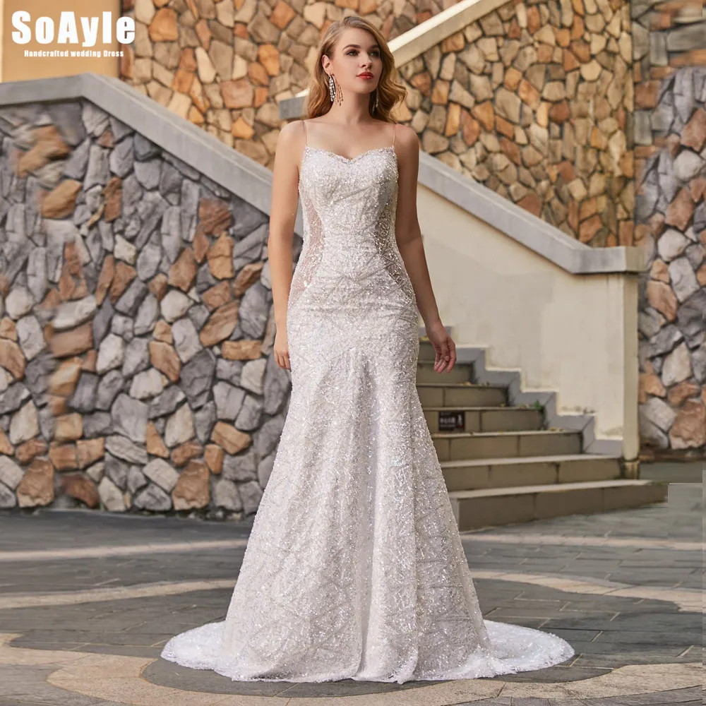 SoAyle #W40 Spaghetti Sleeves Sequins Mermaid Wedding Gown Sexy Luxurious Open Back Wedding Dresses Plus Size Vestido De Novia