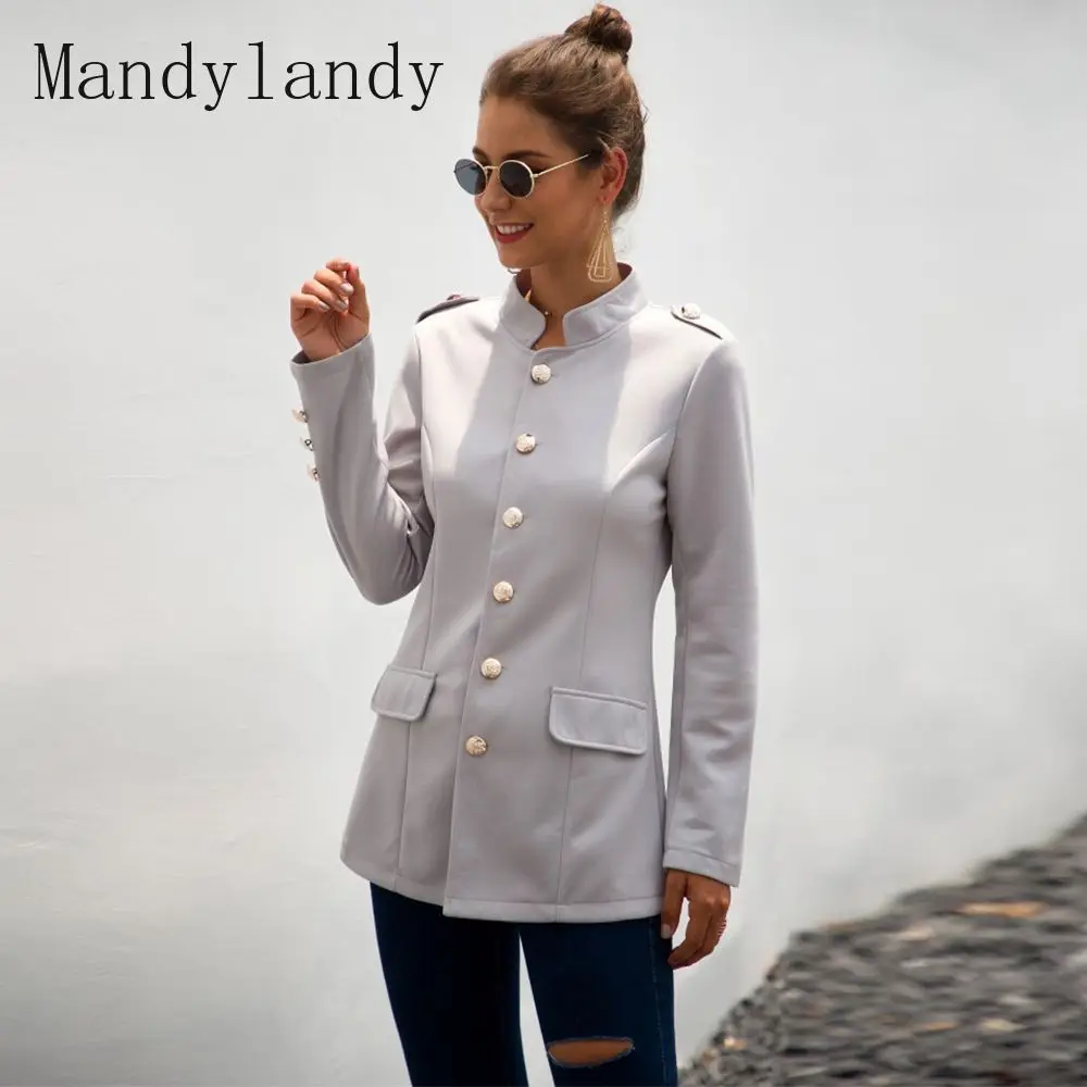 

Mandylandy Blazers Spring Autumn Fashion Long Sleeve Stand Collar Button Blazers Coat Women's Casual Slim Single-Breasted Jacket