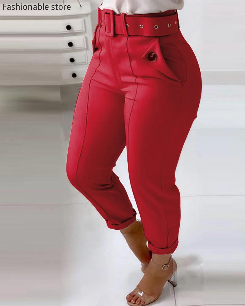

Women Solid Color High Waist Button Pockets Design Harem Pants with Belt