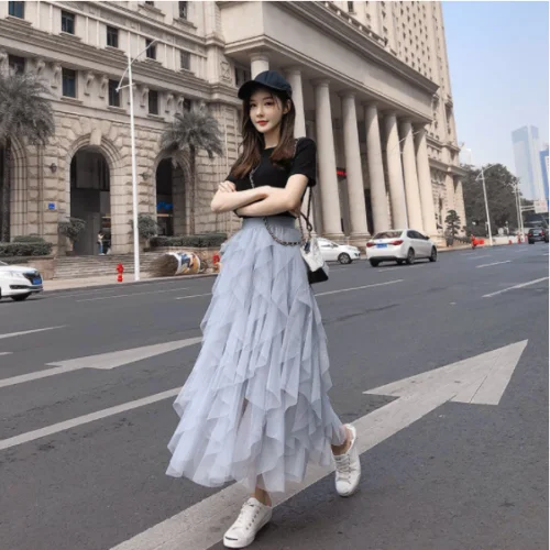

Fashion High Waist Skirt Korean Version Elastic Waist Dress Sheer Mesh Maxi Long Dress Thin Irregular Mid-length Pleated Skirt
