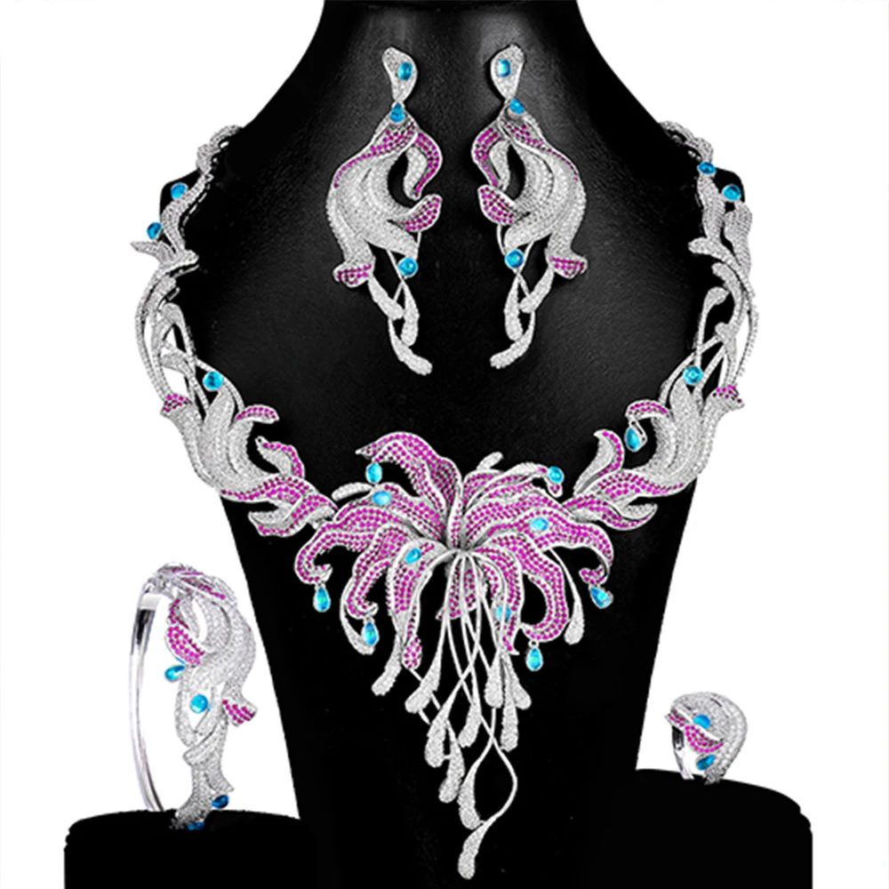

KellyBola New Gorgeous Irregular Flower Pendant Zircon Necklace Bracelet Earring Ring 4PCS Ladies Wedding Party Performance