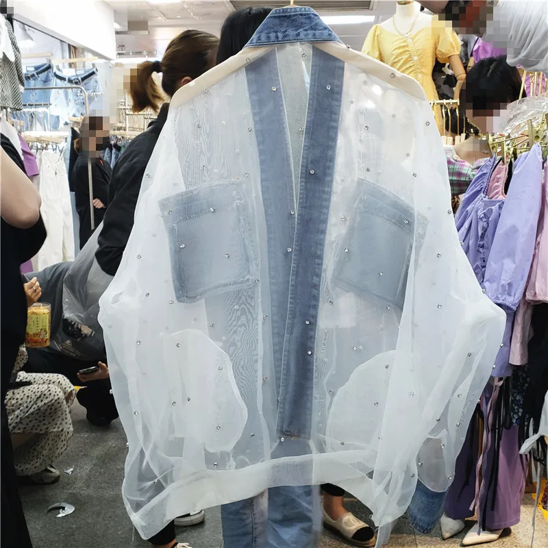 WHITNEY WANG Blouses 2020 Spring Fashion Streetwear Denim Patchwork See Through Mesh Diamonds Blouse Women Blusas Lady Shirt | Женская