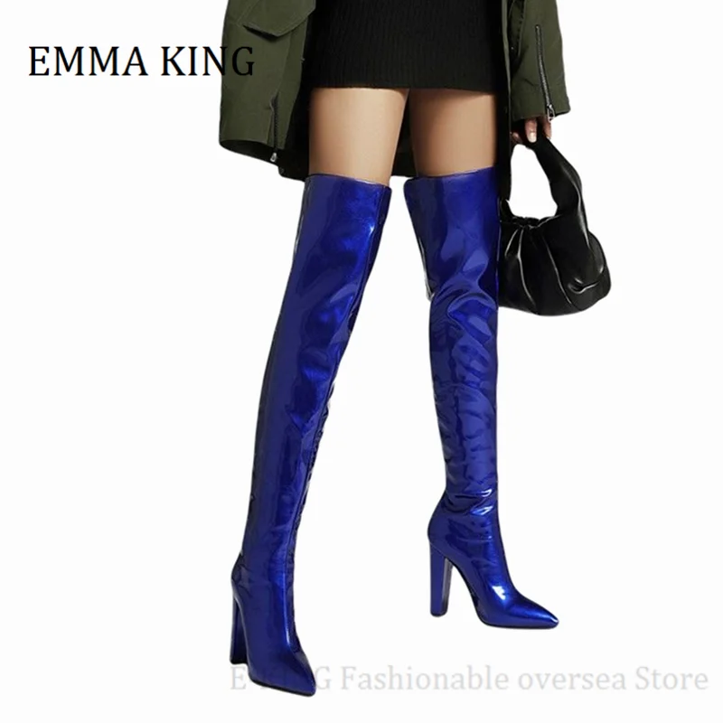 

2020 Winter Women Over The Knee High Boots Shiny Leather Chunky High Heels Long Boots Pointed Toe Women Thigh High Botas Mujer