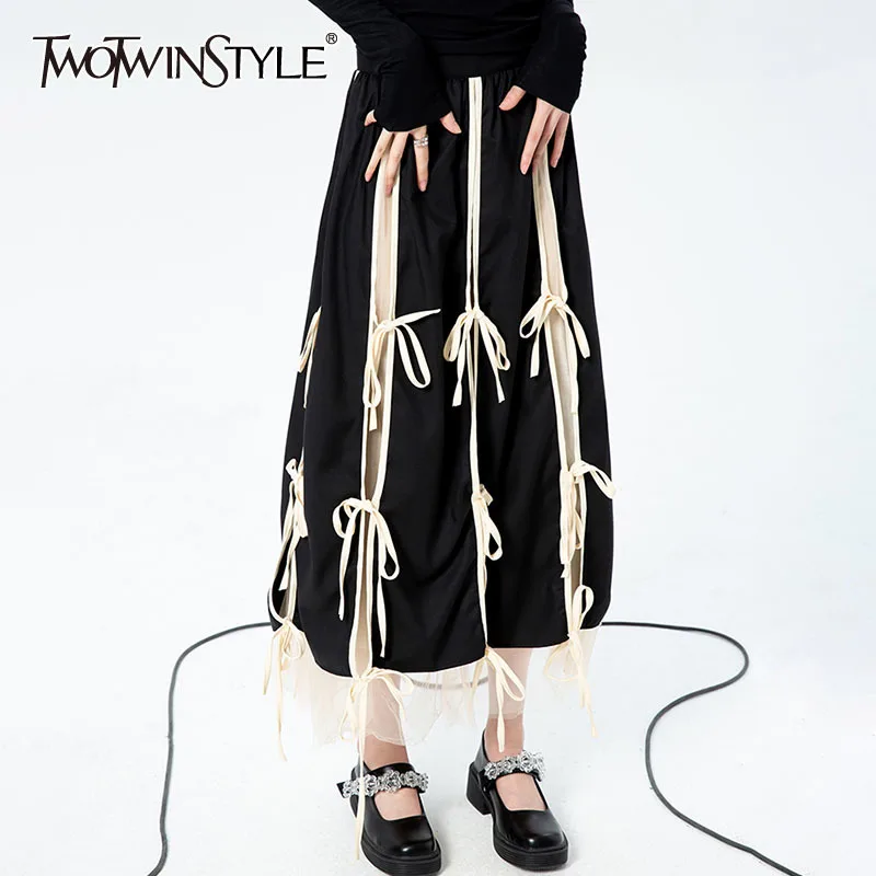 

TWOTWINSTYLE Hit Color Midi Skirt For Women High Waist Patchwork Bow Mesh Vintage Skirts Female Fashion New Clothing 2022