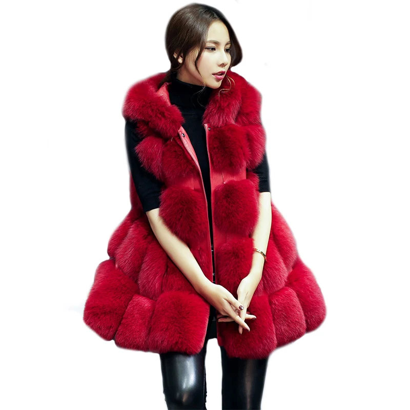 Зимний женский жилет из искусственного меха с капюшоном красным пэчворком