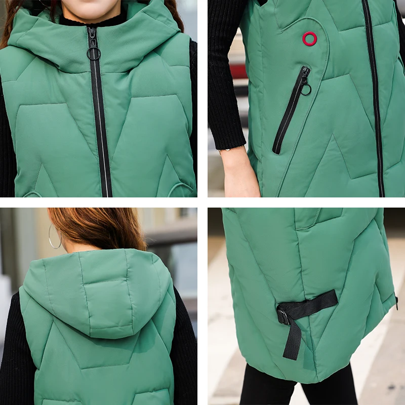 

Winter Long Printing Vest Women Hooded Plus Size Slim Jacket Sleeveless Stand Collar Cotton Padded Thick Casual Women's Coats